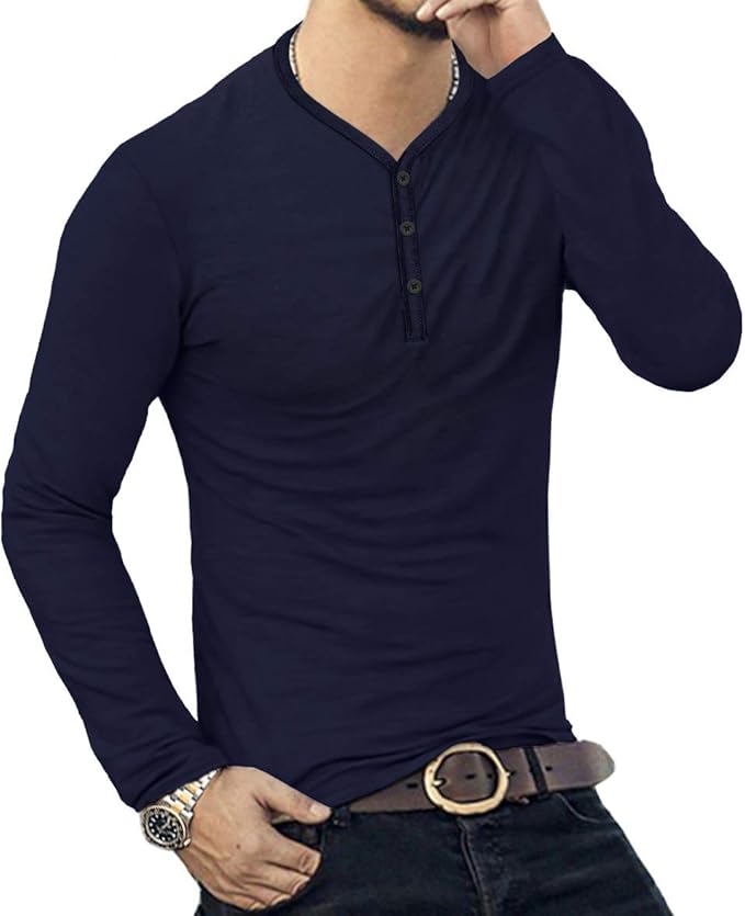 MLANM Mens Casual Slim Fit Basic Henley Long Sleeve Fashion Cotton Navy Large