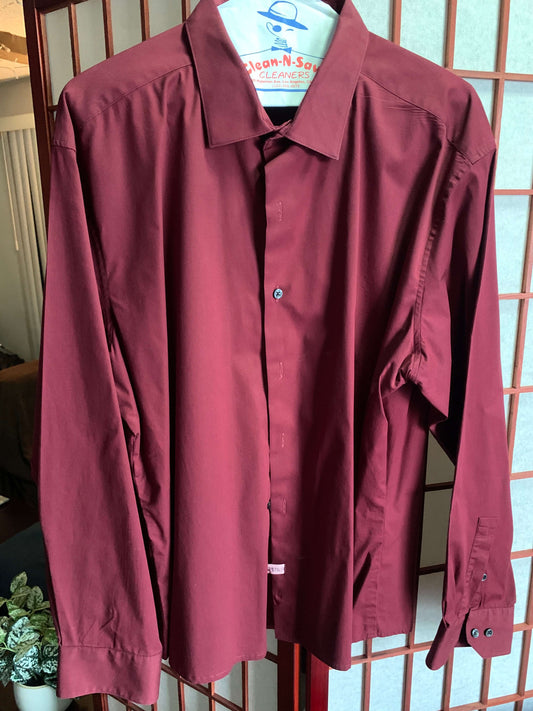 Button Down Dress Shirt Alfani Long Sleeve 17-17.5 Slim Stretch 34/35 Maroon Red