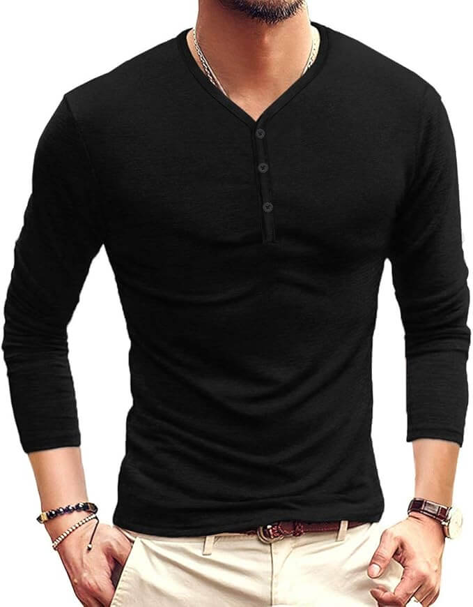 MLANM Mens Casual Slim Fit Basic Henley Long Sleeve Fashion Cotton Black Large