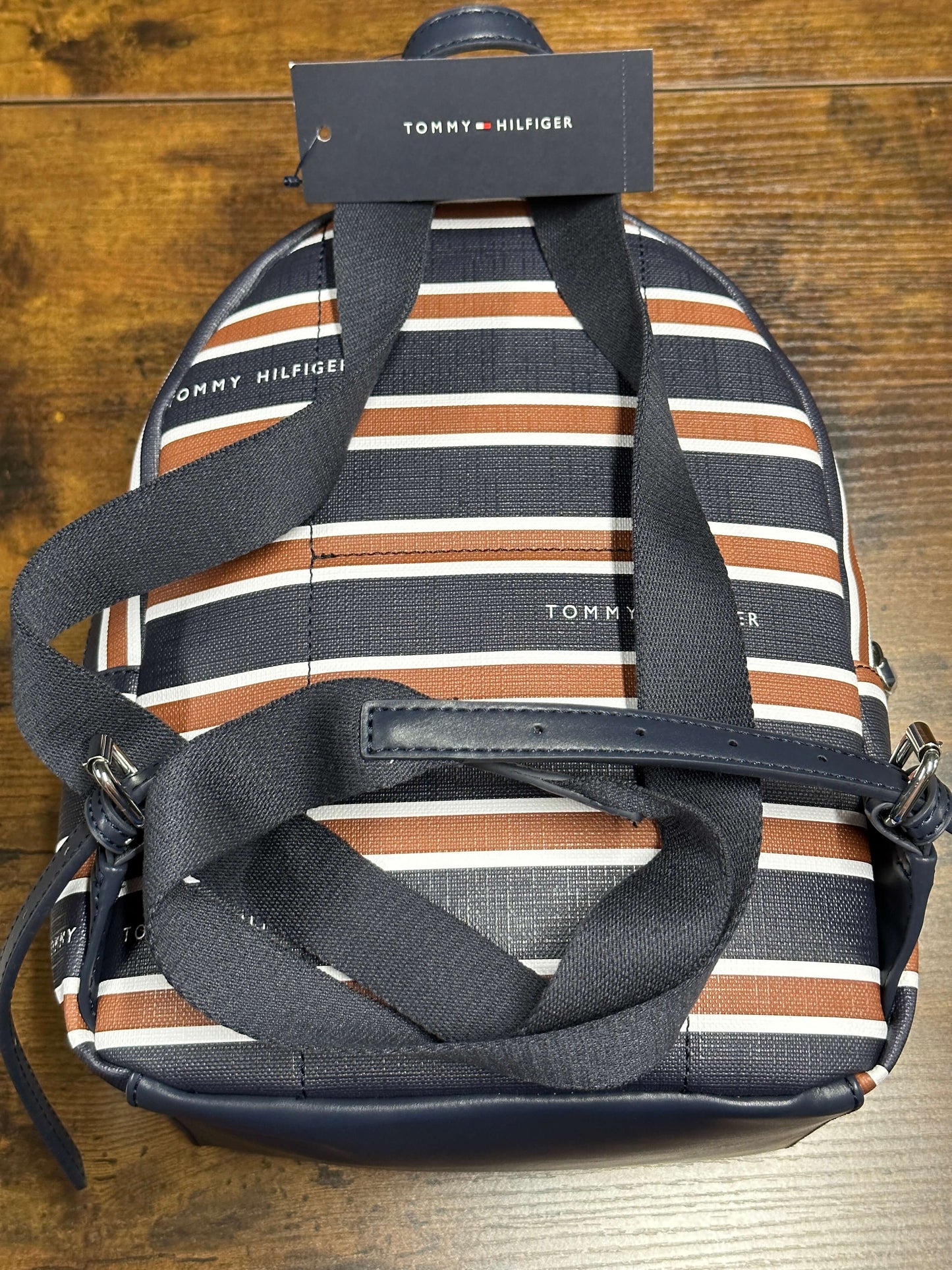 Tommy Hilfiger Striped Backpack Shoulder Bag Cognac Blue White Travel Bookbag