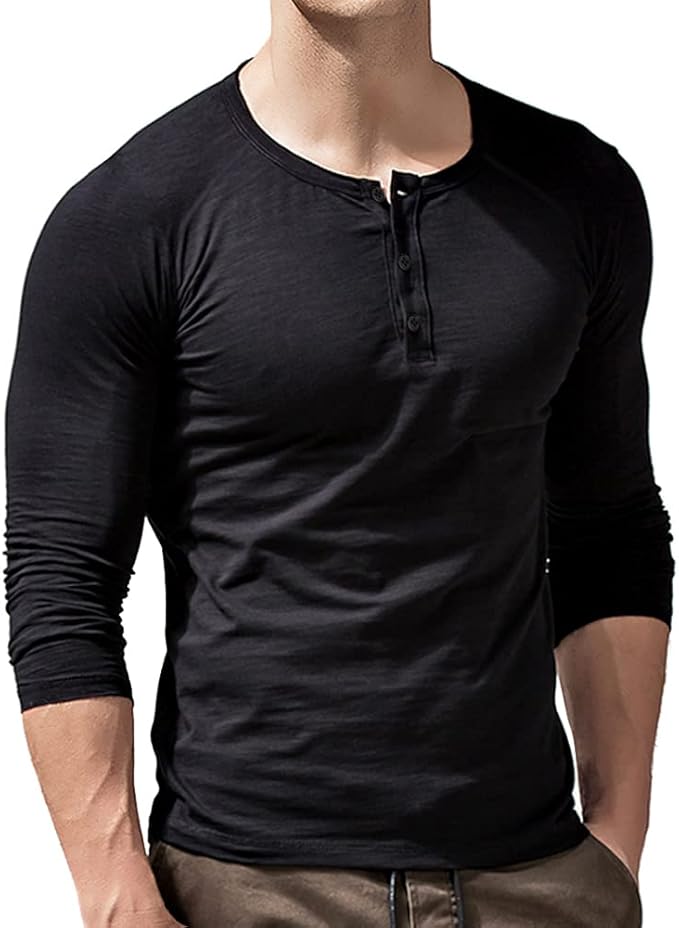 palglg Mens Cotton Muscle Slim Fitted Sport Henley T-Shirt with Button Large Blk