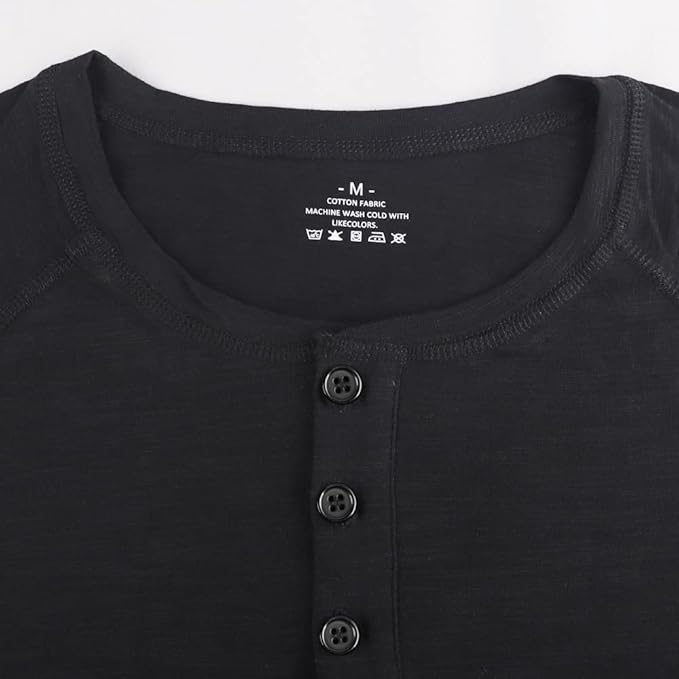 palglg Mens Cotton Muscle Slim Fitted Sport Henley T-Shirt with Button Large Blk