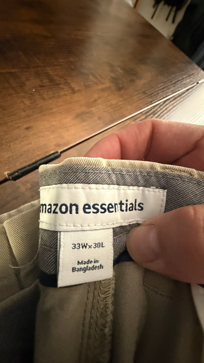 Amazon Essentials Men’s Slim Fit Chino Pants Khaki Beige 33x30 Tailored