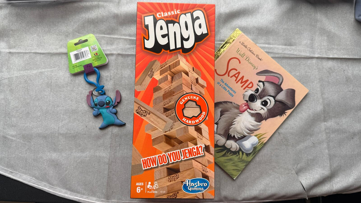 Family night Bundle Jenga + Disney Scamp Book + FREE Stitch Keychain
