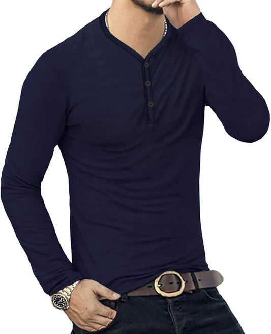 MLANM Mens Casual Slim Fit Basic Henley Long Sleeve Fashion Cotton Navy Large