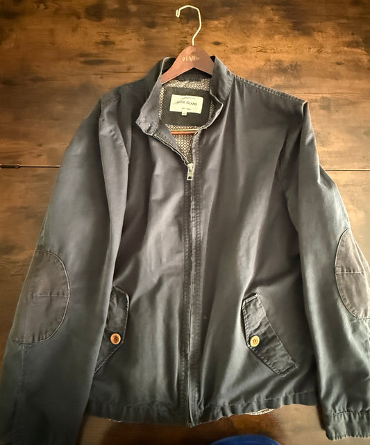 River Island Men’s XL Navy Bomber Harrington Jacket Elbow Patch Full Zip