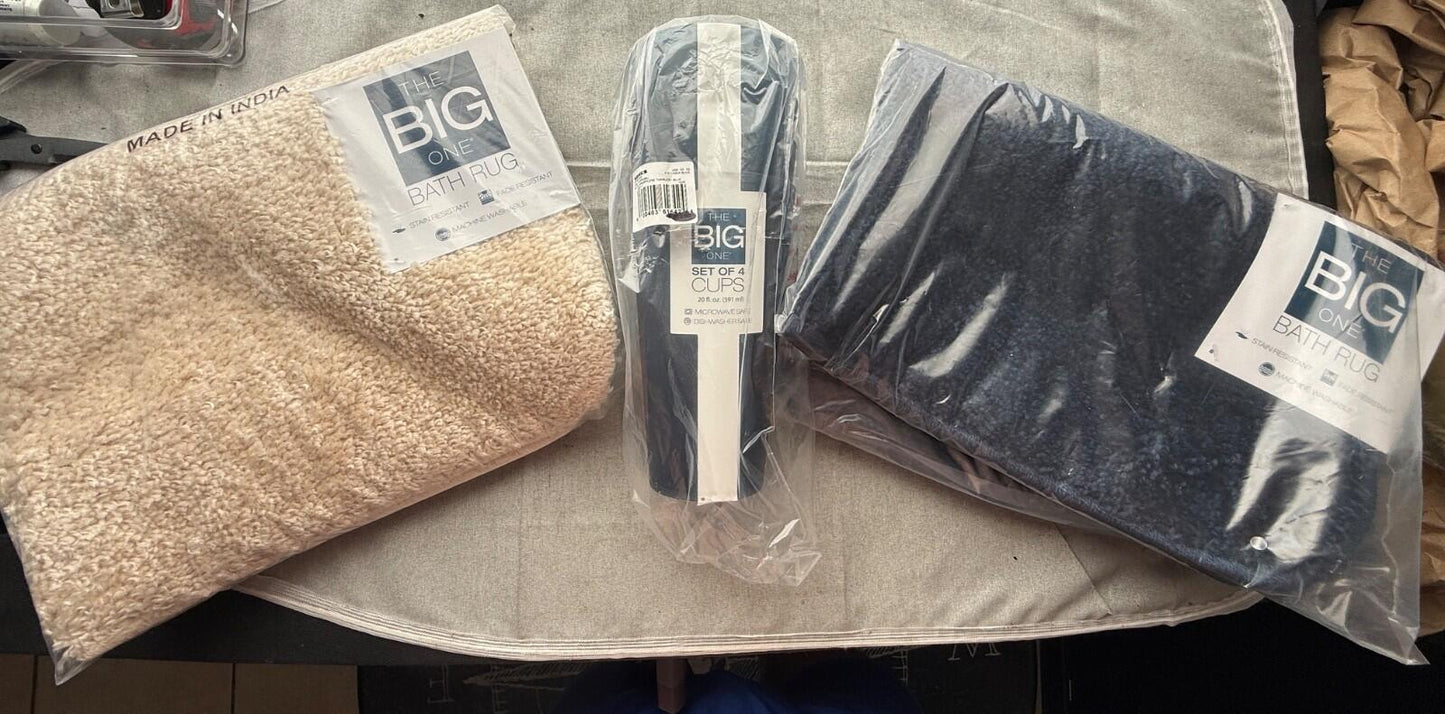 Kohl's Big Bundle: Set of 4 Cups, Bath Rugs - Navy & Almond