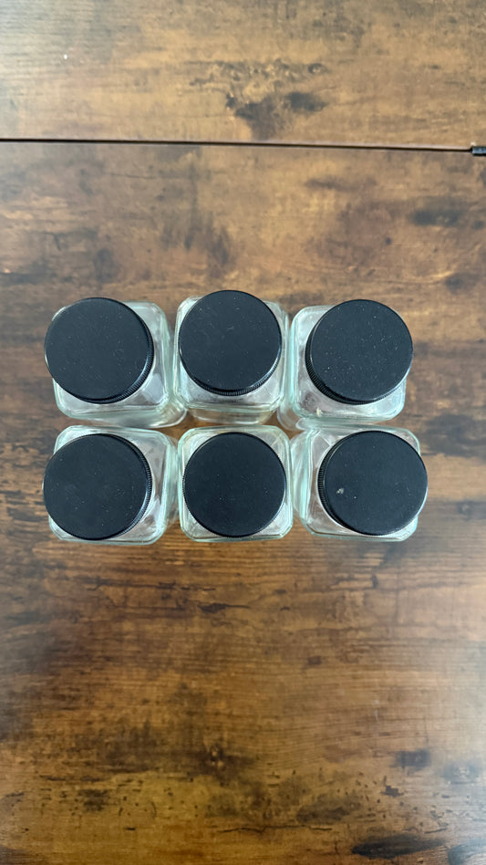 8.5 oz Glass Spice Jars with Black Lids Bundle Lot 6 Empty Storage Containers