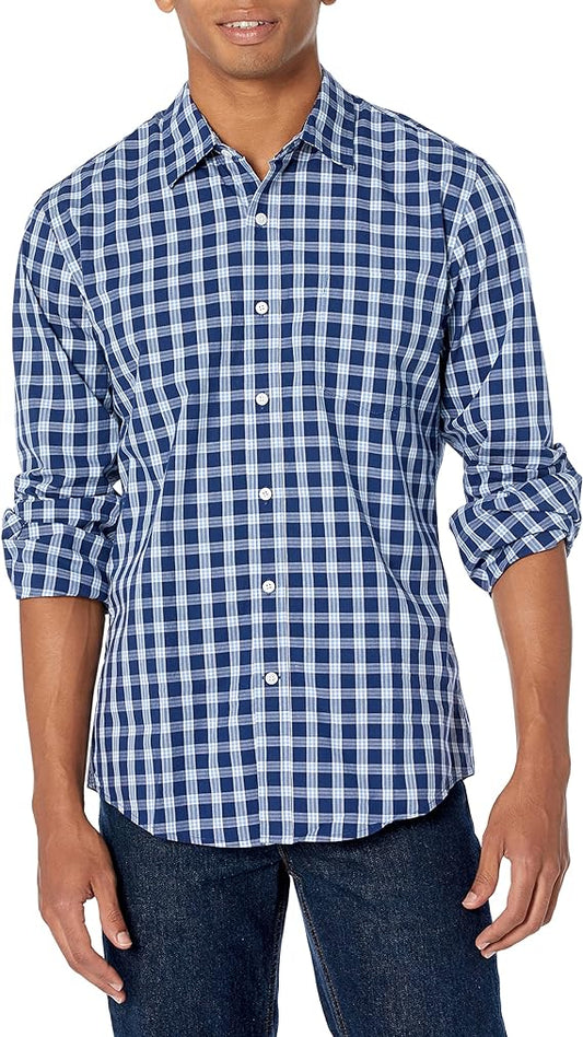 Amazon Essentials Men's Slim-Fit Long-Sleeve Poplin Shirt, Blue Plaid, Large