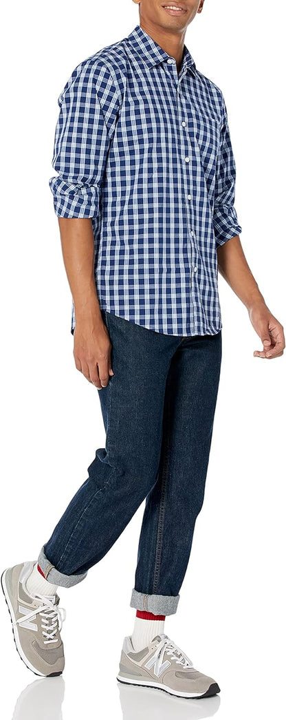 Amazon Essentials Men's Slim-Fit Long-Sleeve Poplin Shirt, Blue Plaid, Large