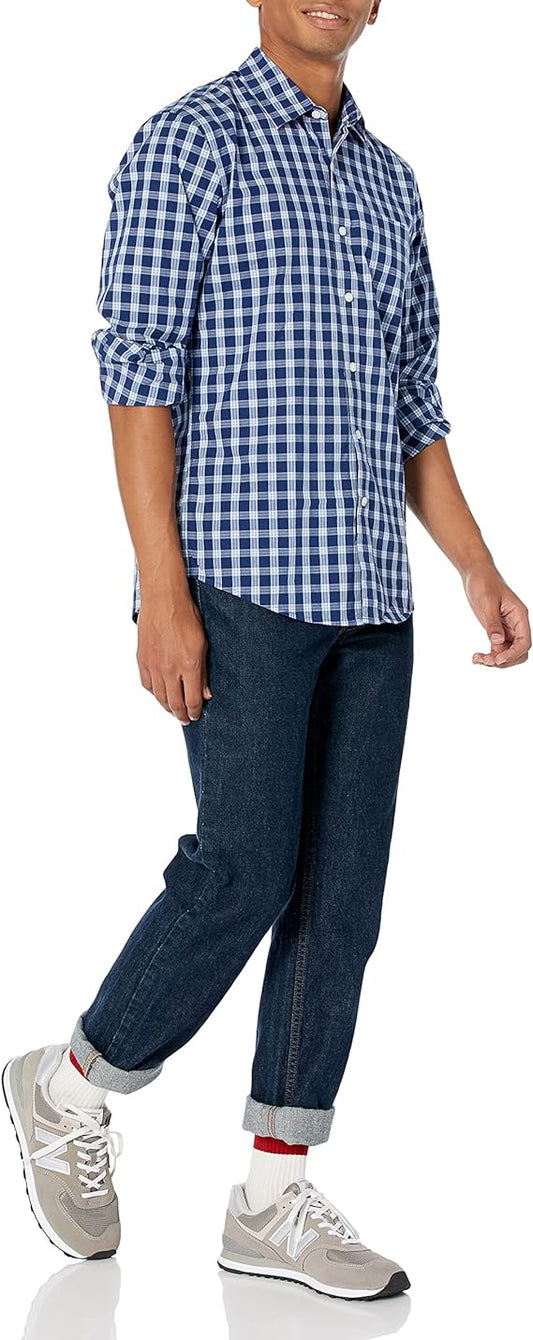 Amazon Essentials Men's Slim-Fit Long-Sleeve Poplin Shirt, Blue Plaid, Large
