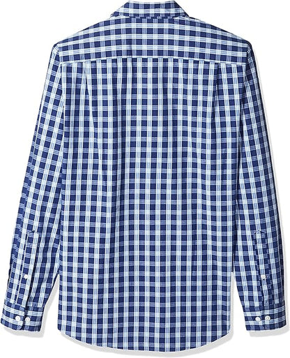 Amazon Essentials Men's Slim-Fit Long-Sleeve Poplin Shirt, Blue Plaid, Large