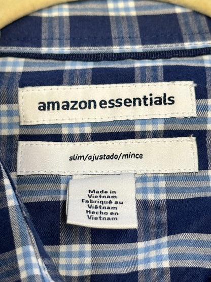 Amazon Essentials Men's Slim-Fit Long-Sleeve Poplin Shirt, Blue Plaid, Large