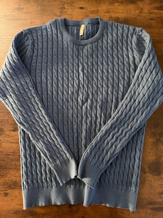 Askdeer Men's Pullover Sweater Crewneck Cable Knit Long Sleeve Sweater Blue