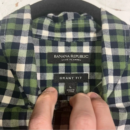 Banana Republic Luxe Flannel Shirt Check Grant Fit Size Large Green White