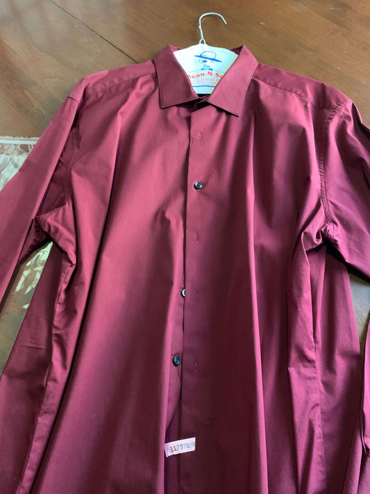 Button Down Dress Shirt Alfani Long Sleeve 17-17.5 Slim Stretch 34/35 Maroon Red