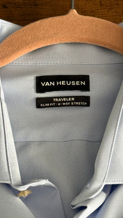 Van Heusen Traveler Dress Shirt Men’s XL Sky Blue Slim Fit Stretch 17 34/35