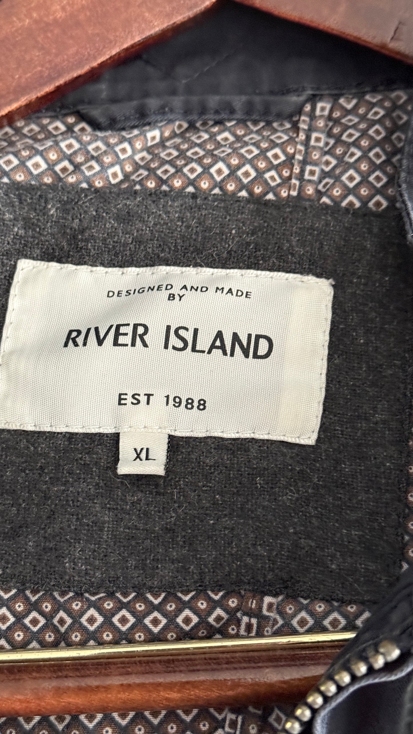 River Island Men’s XL Navy Bomber Harrington Jacket Elbow Patch Full Zip