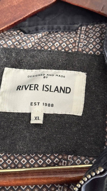 River Island Men’s XL Navy Bomber Harrington Jacket Elbow Patch Full Zip