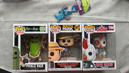 Funko Pop Lot Pickle Rick South Park Randy Robot Chicken + FREE Stitch Keychain