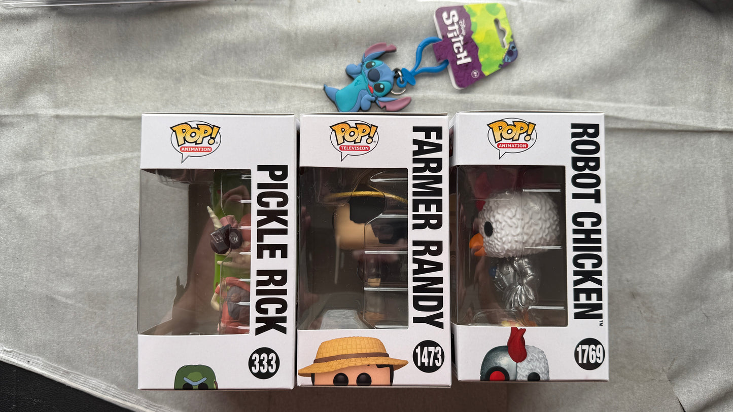 Funko Pop Lot Pickle Rick South Park Randy Robot Chicken + FREE Stitch Keychain