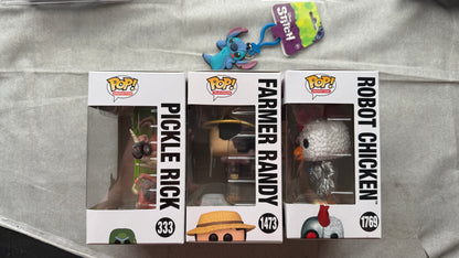 Funko Pop Lot Pickle Rick South Park Randy Robot Chicken + FREE Stitch Keychain