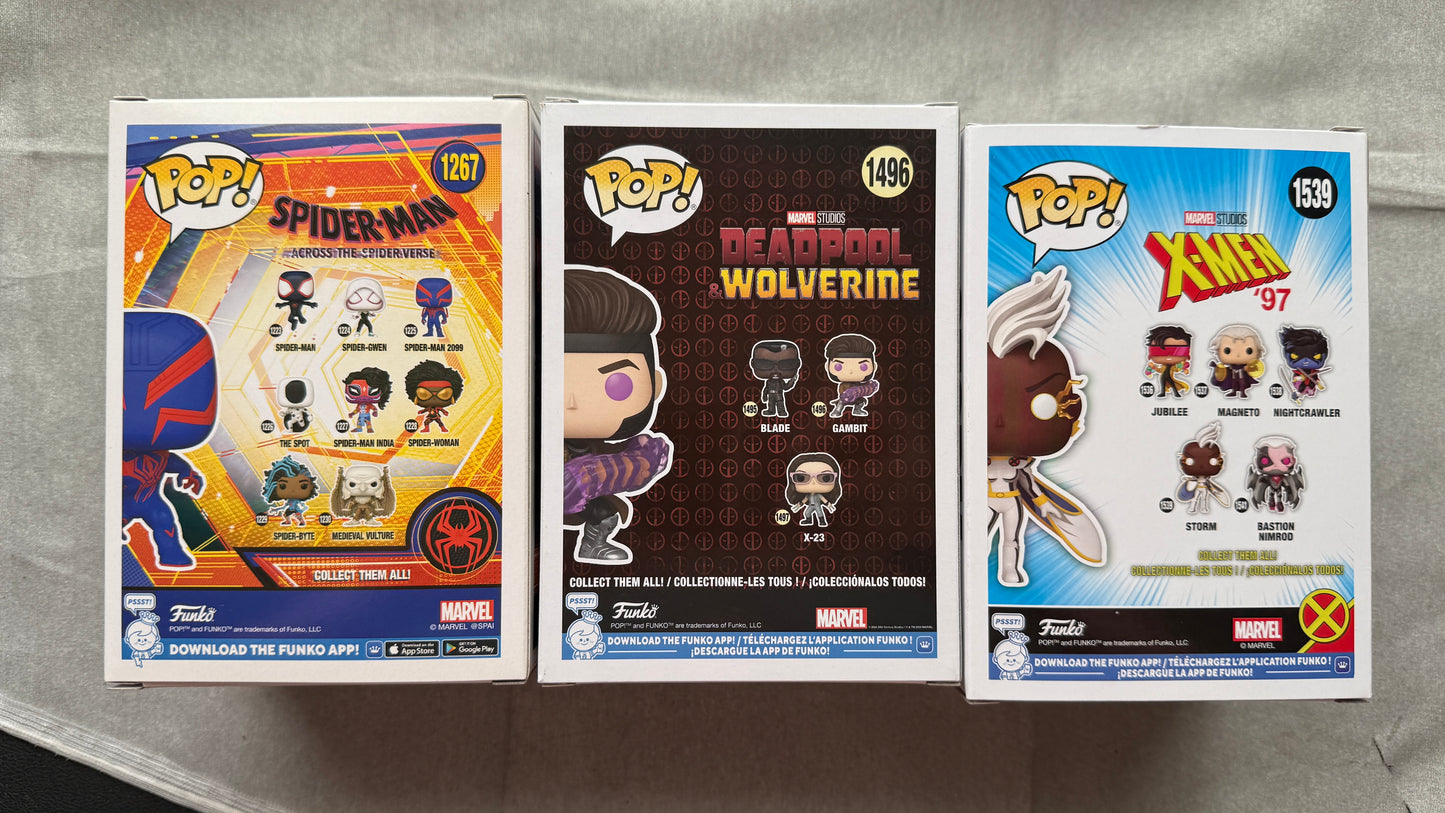 Funko Pop Marvel X-Men Bundle Gambit Storm Spider-Man 2099 Lot #1267 #1496 #1539