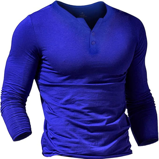 Muscle Alive Mens Summer Casual Short Sleeve Henleys Button Blue Large Slim Fit