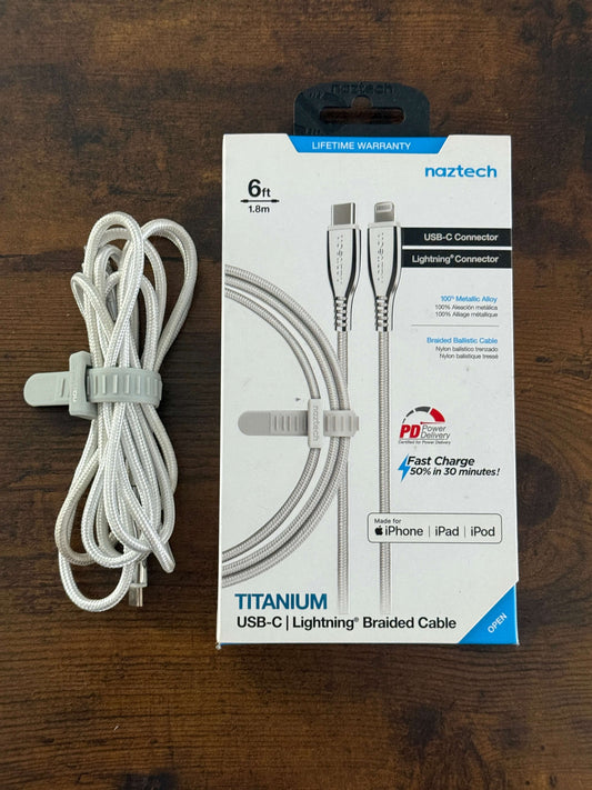 Naztech Titanium 6ft Braided White Data Sync Cable Apple Lightning Fast Charge
