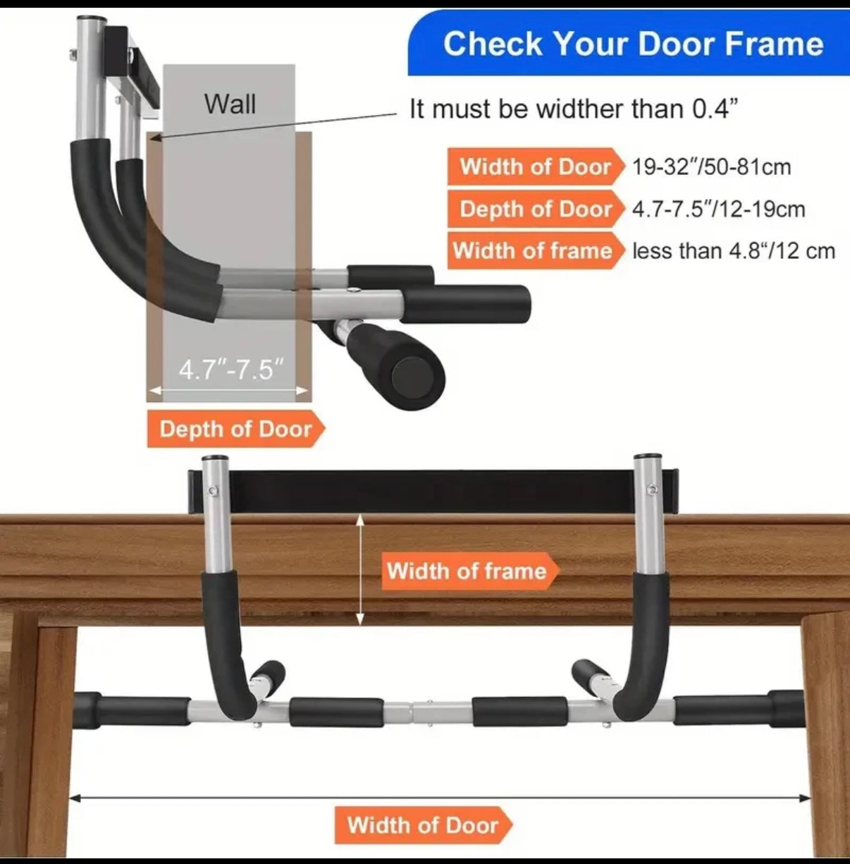 Pull Up grip Bar hanging Door frame 350 lb Capacity Sturdy Construction Home Gym