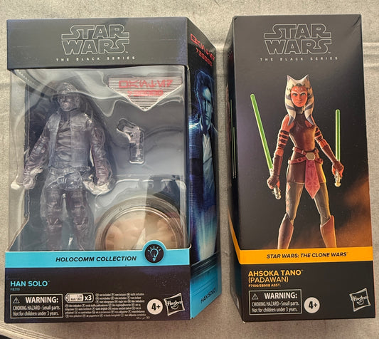 Star Wars Black Series Ahsoka Tano Padawan #13 + Han Solo Holocomm Figure Lot