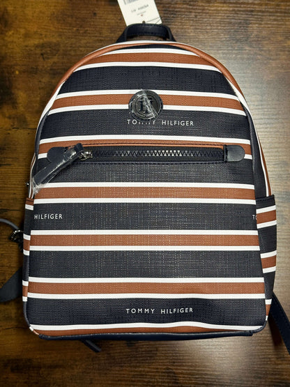Tommy Hilfiger Striped Backpack Shoulder Bag Cognac Blue White Travel Bookbag