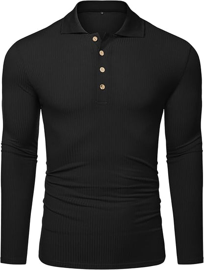 URRU Men's Muscle T Shirts Stretch Long Sleeve Classic Ribbed Casual Slim Fit L Black