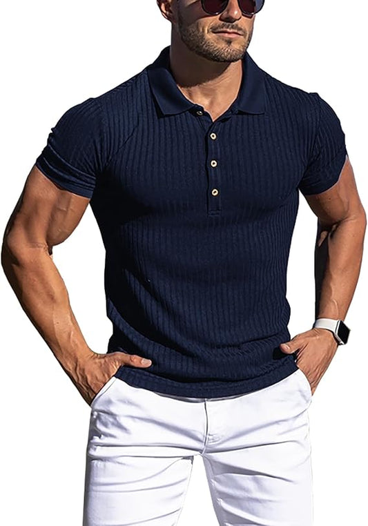 URRU Mens Muscle Shirts Stretch Short Sleeve Workout Tee Slim Fit Polo L Navy