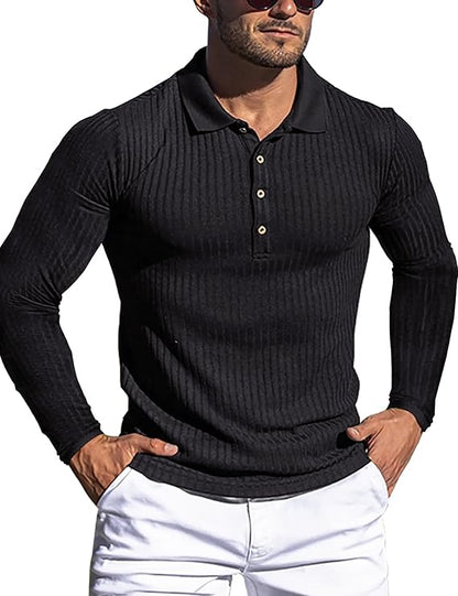 URRU Men's Muscle T Shirts Stretch Long Sleeve Classic Ribbed Casual Slim Fit L Black