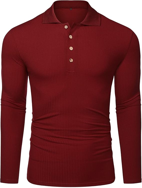 URRU Men's Muscle T Shirts Stretch Long Sleeve Classic Ribbed Casual Slim Fit L Red