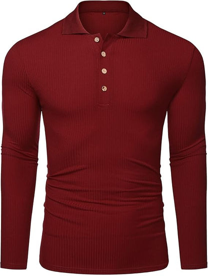 URRU Men's Muscle T Shirts Stretch Long Sleeve Classic Ribbed Casual Slim Fit L Red