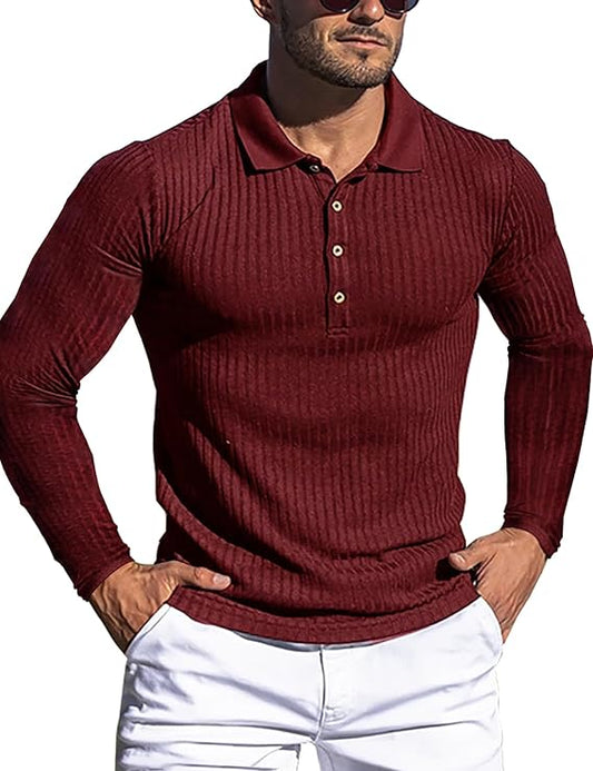 URRU Men's Muscle T Shirts Stretch Long Sleeve Classic Ribbed Casual Slim Fit L Red