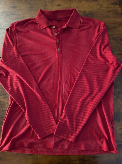 URRU Men's Muscle T Shirts Stretch Long Sleeve Classic Ribbed Casual Slim Fit L Red