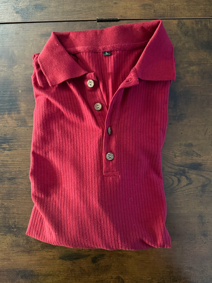 URRU Men's Muscle T Shirts Stretch Long Sleeve Classic Ribbed Casual Slim Fit L Red