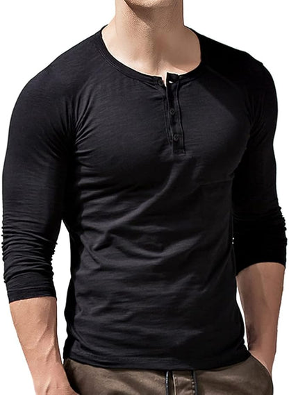 palglg Mens Cotton Muscle Slim Fitted Sport Henley T-Shirt with Button Large Blk